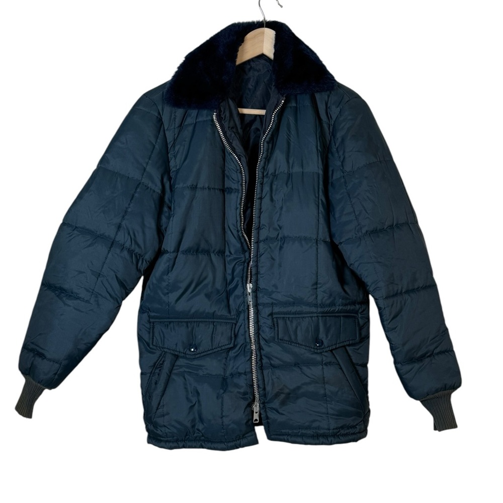 Vintage navy blue quilted coat large‎ flawed gem